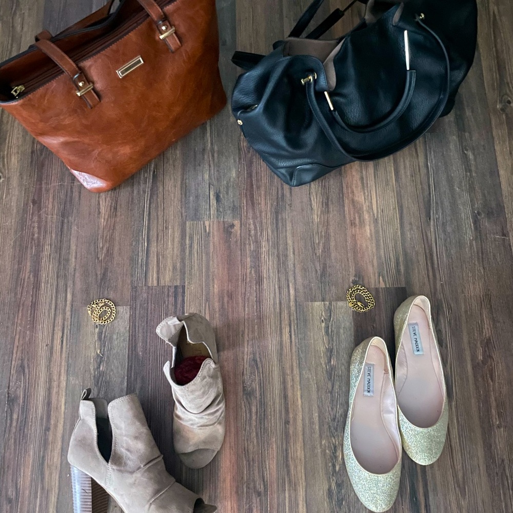 BL Handbag, BR Tote, Sparkle Flat, Open Toe Bootie